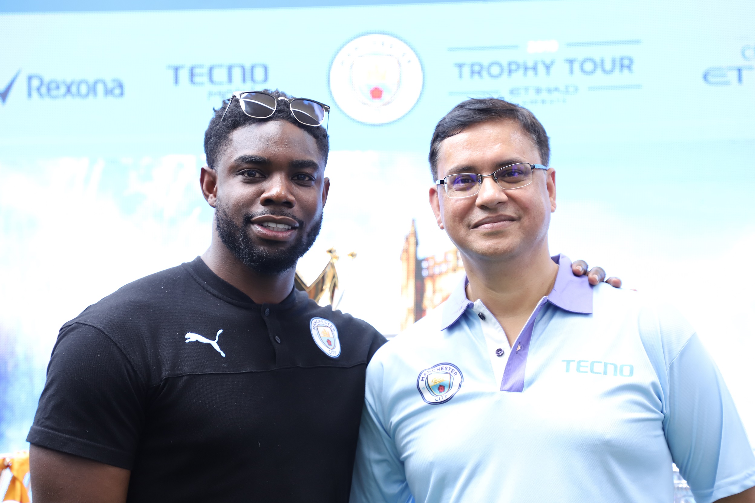 Mr. Arijeet Talapatra, CEO, Transsion India along with Club Legend Micah Richards at the #TecnoLovesManCity event, part of Manchester City India Trophy Tour held at High Street Phoenix, Mumbai today -Photo By Sachin Murdeshwar GPN