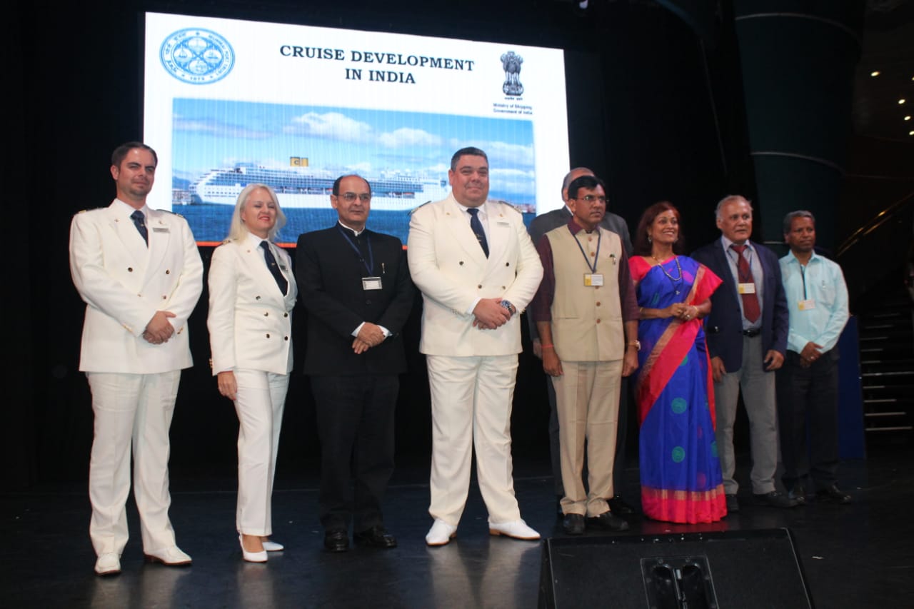Shri Mansukh L. Mandaviya , Minister of State (Independent Charge), Shipping  and  Shri Sanjay Bhatia, Chairman, Mumbai Port Trust  along with the Captain and staff members of cruise ship Costa Victoria at Mumbai Port on 08.11.19 -Photo By GPN