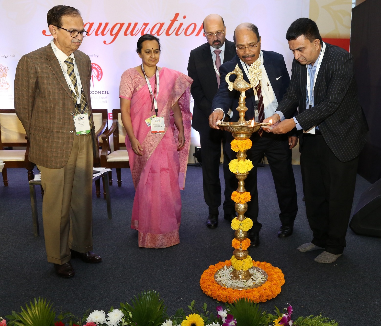 Shri Ajay Kadakia, Chairman, CHEMEXCIL, Smt. Meeta Rajivlochan, IAS Additional DGFT, Mumbai, Shri Ravish Kamath, President, PLEXCONCIL, Shri R Veeramani, President, CAPEXIL and Shri Ashvin K Nayak, Chairman, SHEFEXIL at the auspicious lamp lighting ceremony at the 5th edition of CAPINDIA Expo 2019. This expansive ‘Made In India’ showcase of India’s manufacturing capacities and capabilities (including its abilities to service overseas markets) is being held from 2nd to 4th December 2019 at the Bombay Exhibition Centre, Goregaon, Mumbai. Over 400+ international buyers from 48 countries are visiting this event -Photo By Sachin Murdeshwar GPN