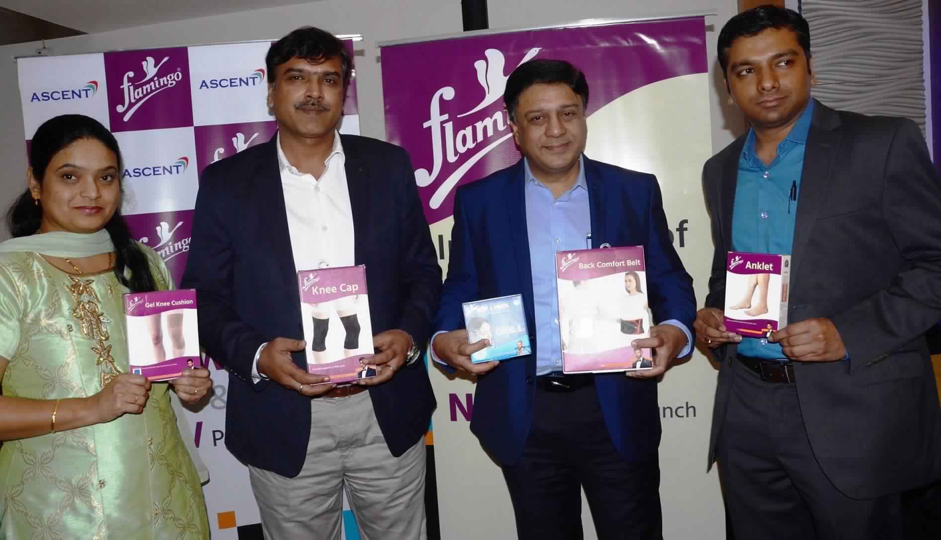 L-R: Ms. Mansi Sawant (Manager Strategy; Ascent Meditech Limited), Mr. Rakesh Kumar (Vice President, Sales & Marketing; Ascent Meditech Limited), Mr. Rajiv Mistry (MD & Founder; Ascent Meditech Limited), Mr. Dipayan Kundu(Brand Marketing Manager; Ascent Meditech Limited) displaying the Flamingo products at the press conference held in Mumbai - Photo By Sachin Murdeshwar GPN