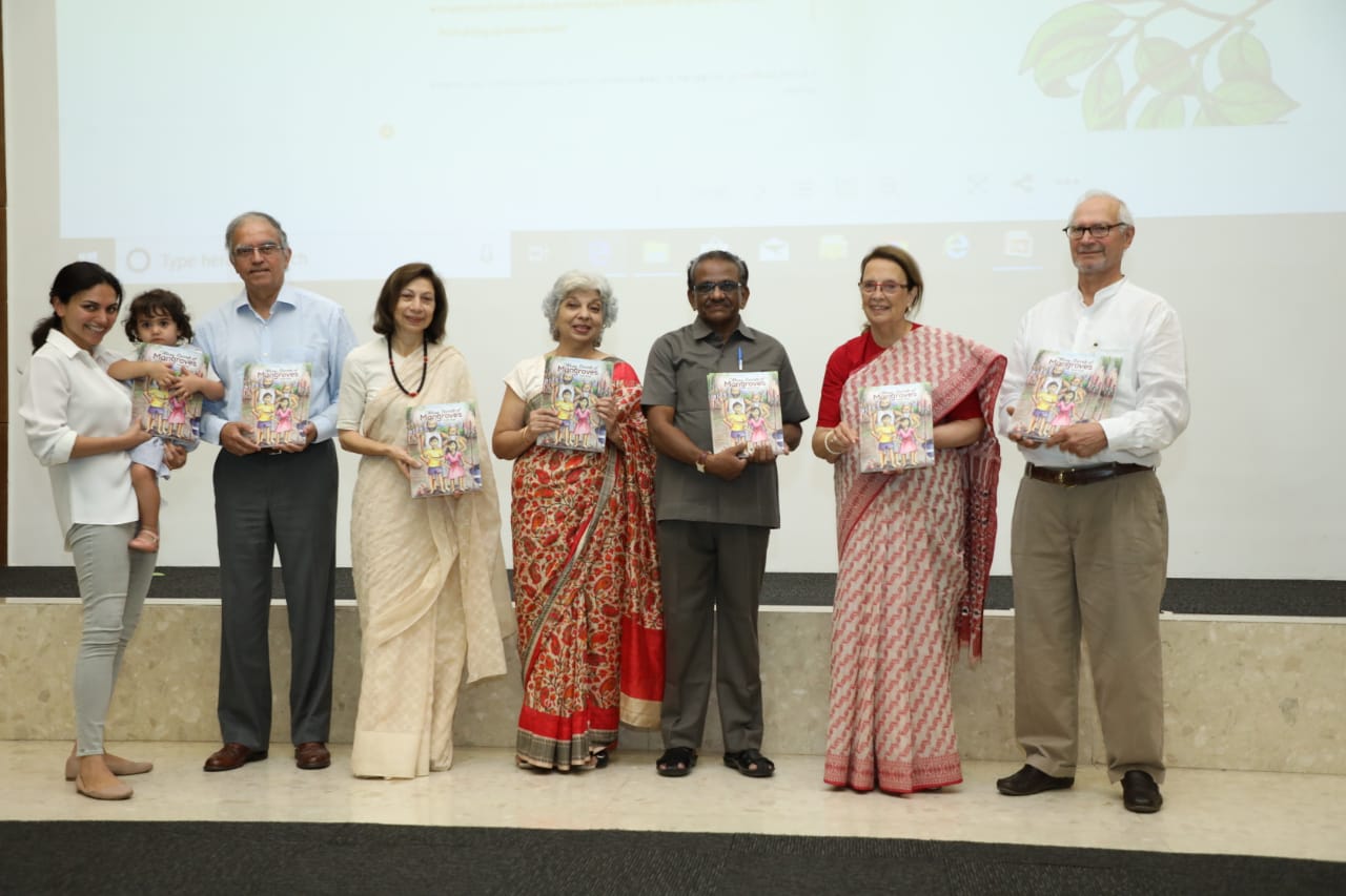 Unveiling the book at the event. From left to right – Ms. Nyrika Holkar (Executive Director, Godrej & Boyce) , Vijay Crishna, Smita Crishna, Katie Bagli,  Dr.Kathiresan, Dr.Pheroza Godrej, Jamshyd Godrej -Photo By GPN