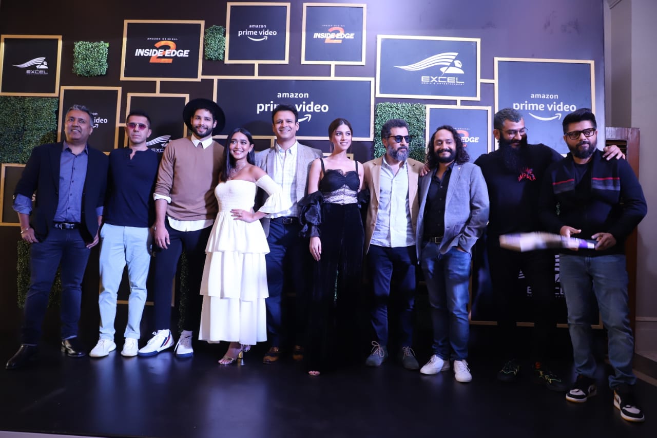 L-R-, Gaurav Gandhi-Director and Head, Business, Amazon Prime Video, India, Ritesh Sidhwani, Siddhant Chaturvedi, Sayani Gupta, Vivek Oberoi, Sapna Pabbi, Aamir Bashir, Director-Guremeet Singh, Director-Akash Bhatia and Creator-Karan Anshuman at the launch Press Conference of Amazon Original Series Inside Edge Season 2.