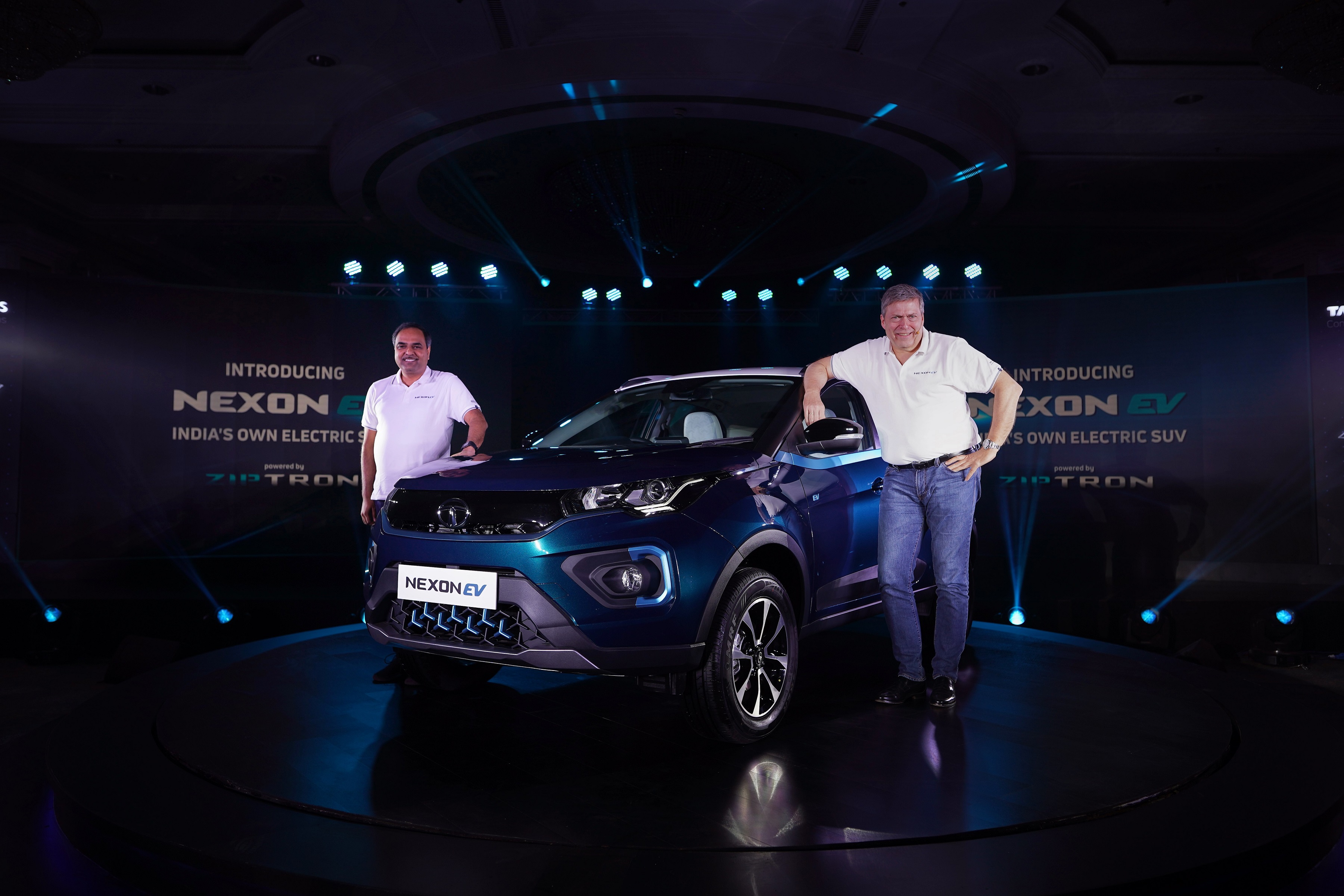 Mr. Guenter Butschek, CEO & Managing Director, Tata Motors Ltd. and Mr. Shailesh Chandra, President – Electric Mobility Business & Corporate Strategy, Tata Motors Ltd. unveil India’s own Electric SUV, the Nexon EV, today. Powered by the cutting-edge Ziptron technology, this aspirational SUV promises an efficient high voltage system, zippy performance, long-range, fast charging capability, extended battery life and class leading safety features -Photo By Sachin Murdeshwar GPN