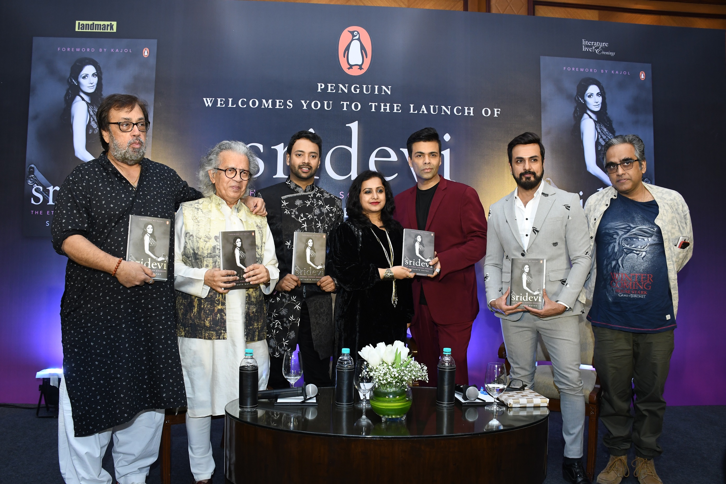 Anil Dharkar, Sathyarth Nayak with Karan Johar and other guests at the book launch of  ‘Sridevi: The Eternal Screen Goddess’ in association with Landmark and Penguin Random House, at Taj Lands End Hotel in Mumbai -Photo By Sachin Murdeshwar GPN