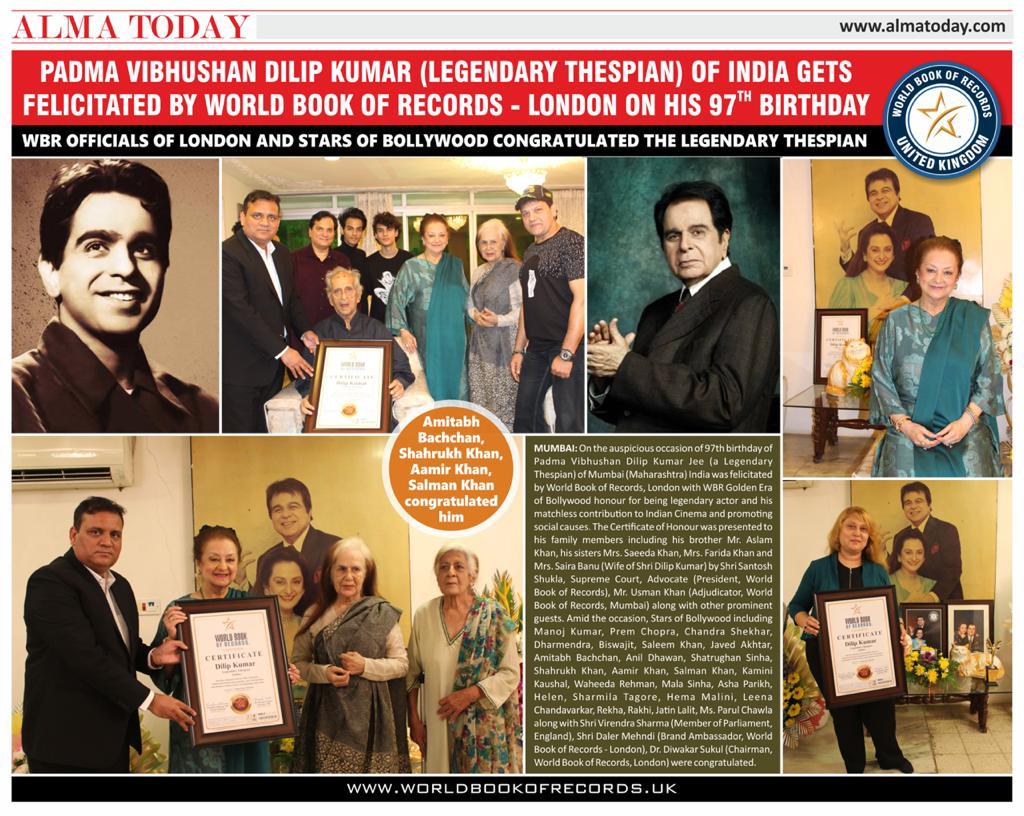 Padma Vibhushan Dilip Kumar(Legendary Thespian)of India gets felicitated by World Book of Records-London on his 97th Birthday (10)