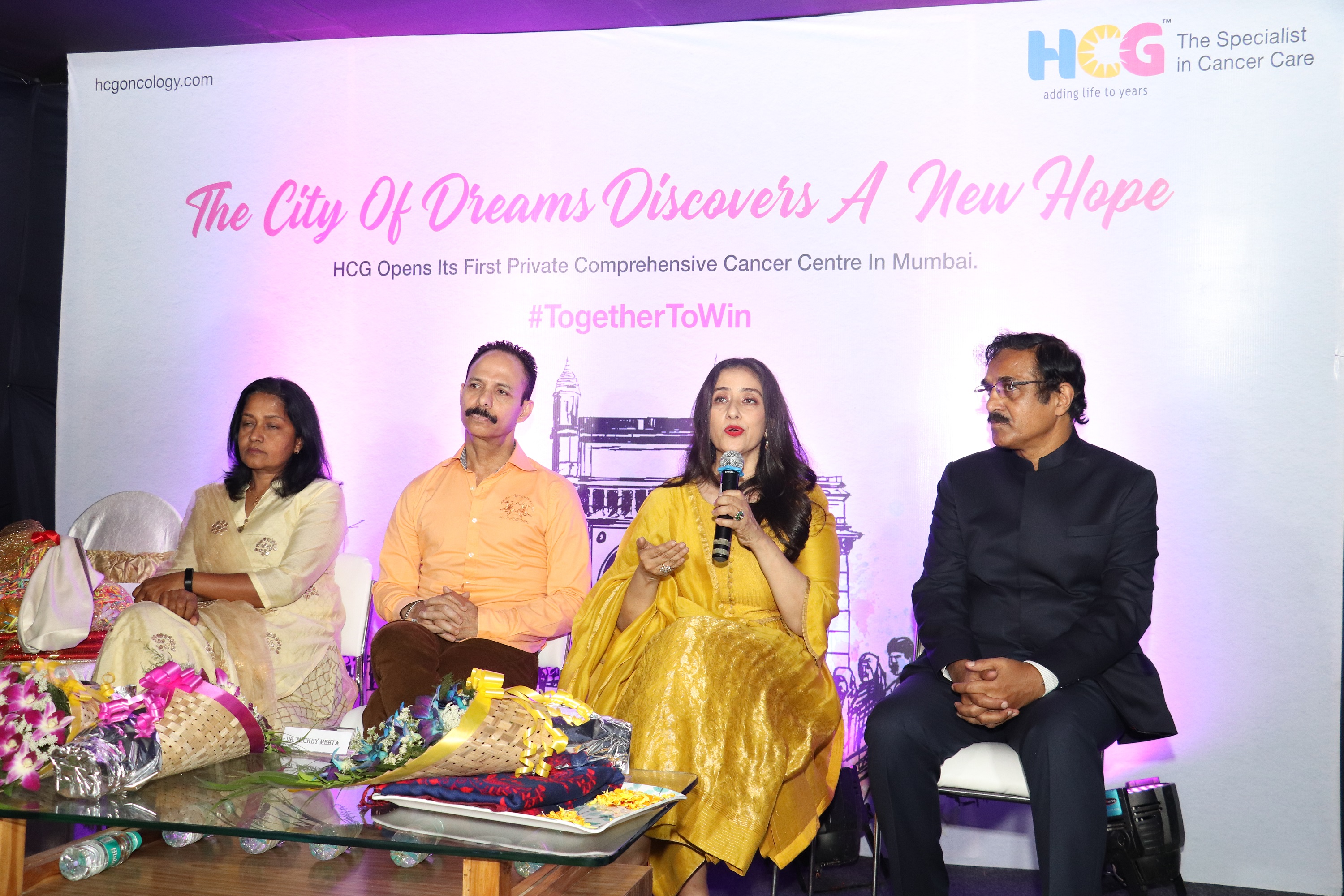 (L to R) Dr. Sangeeta Shah, Partner HCG, Mr. Mickey Mehta, Holistic Fitness and Wellness Guru, Ms. Manisha Koirala (an actor and cancer survivor) and Dr. B. S. Ajaikumar, Chairman & CEO, HealthCare Global Enterprises Limited (HCG) - Photo By Sachin Murdeshwar GPN