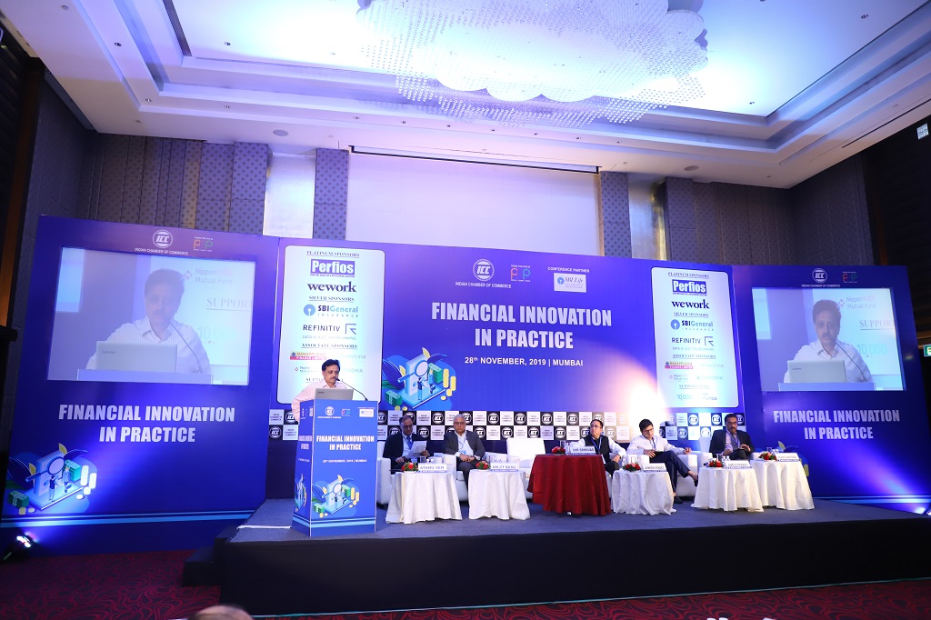 Shri S.V.R. Srinivas, IAS, Principal Secretary, Information Technology, Government of Maharashtra addressing the Session. Sitting L-R: Mr Atanu Sen, Chairman, BFSI Committee, Indian Chamber of Commerce, Mr Arijit Basu, MD (CCG & IT), State Bank of India, Shri Avneesh Pandey, Chief General Manager,  Information Technology Department,  Securities and Exchange Board of India, Mr Ameya Prabhu, Co-Chair, Western Region, Indian Chamber of Commerce, Shri Pramod Kumar Panda , Senior Program Director , CAFRAL-Photo By GPN  