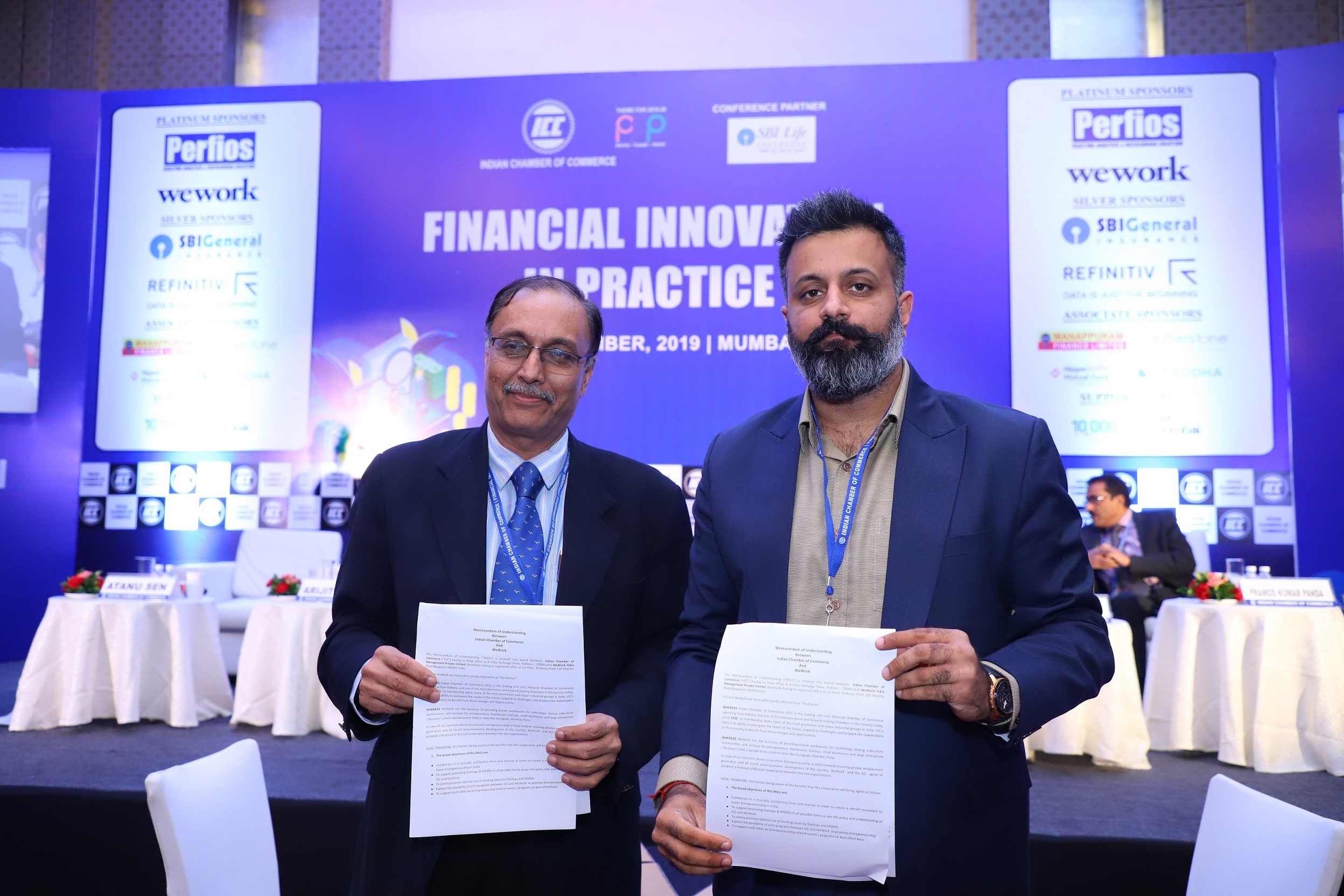 MoU signing ceremony between Indian Chamber of Commerce and Wework; L-R: Mr Atanu Sen, Chairman, BFSI Committee, Indian Chamber of Commerce & Mr. Vineet Singh, Head of Brand & Marketing WeWork , for WeWork. -Photo By GPN