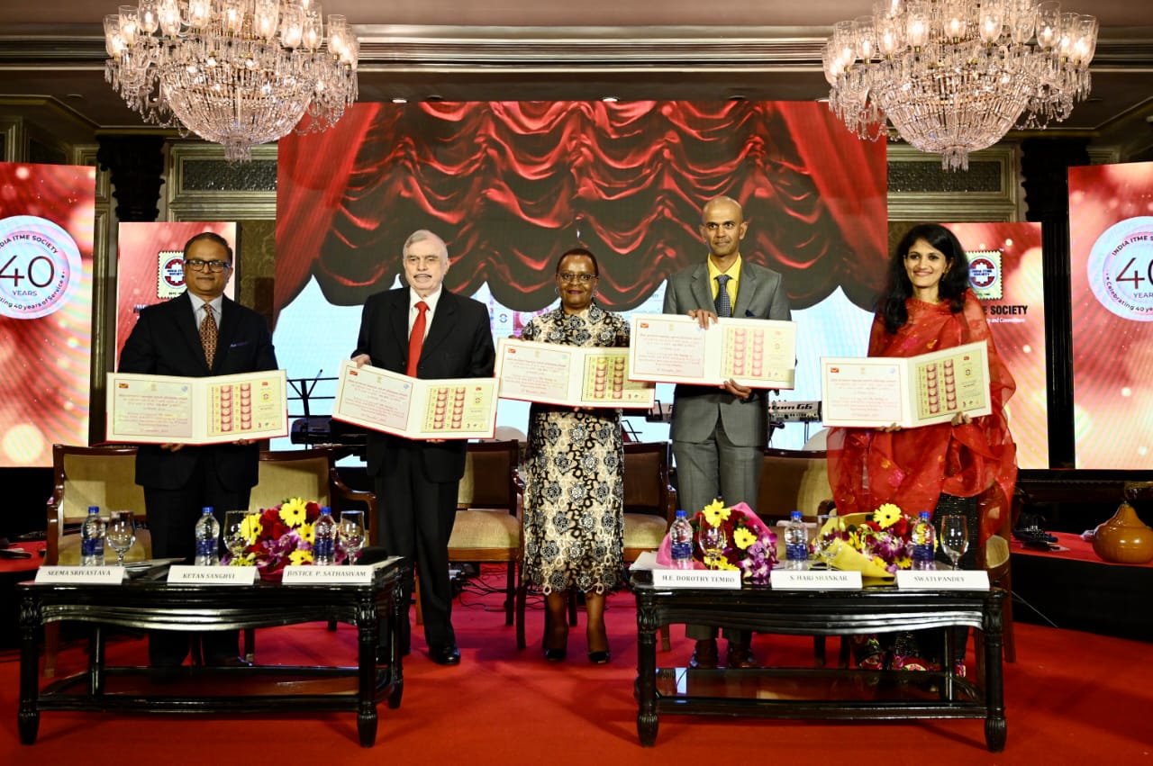 From Left to Right : Mr Ketan Sanghvi, Treasurer ITME, Former Chief Justice of India, Shri P Sathasivam, H.E Ms Dorothy Tembo, Dy Exe Director of Intl Trade Centre, UN, Mr Harishankar, Chairman of India ITME Society and Ms Swati Pandey - Postmaster General (Mumbai Region), India Post (Govt. of India).-Photo By GPN