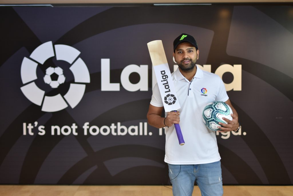 Indian ace cricketer Rohit Sharma first ever non-footballer Brand Ambassador appointed by LaLiga globally and the face of the league in India posing with a Bat and Football -Photo By Sachin Murdeshwar GPN