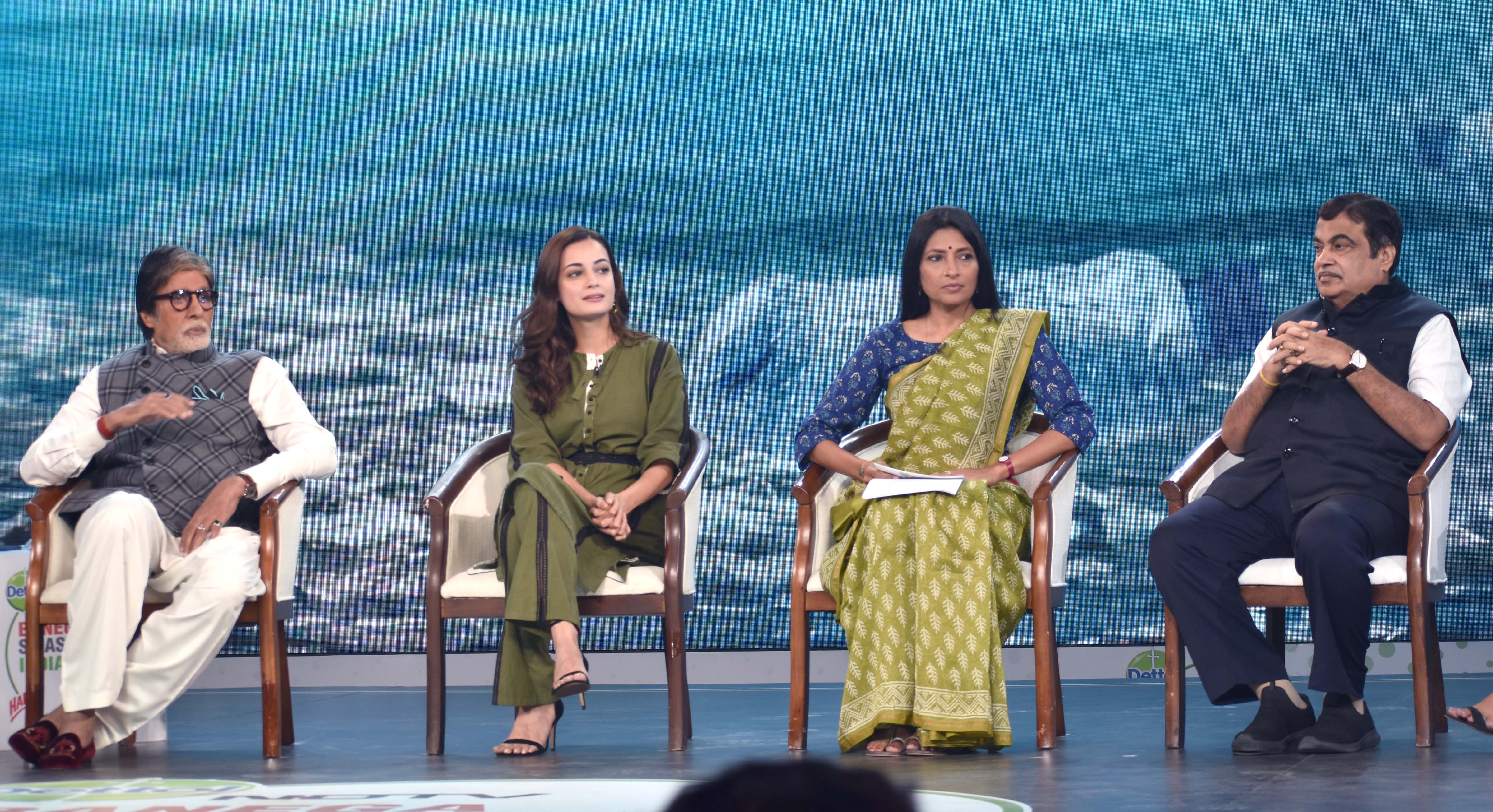 Mumbai : Actor and Banega Swasth India campaign ambassador Amitabh Bachchan with Union Minister Nitin Gadkari, Actress Dia Mirza , Author Swati Thiyagarajan during launch NDTV and Dettol's Banega Swasth India campaign in Mumbai on Wednesday. 02.10.2019