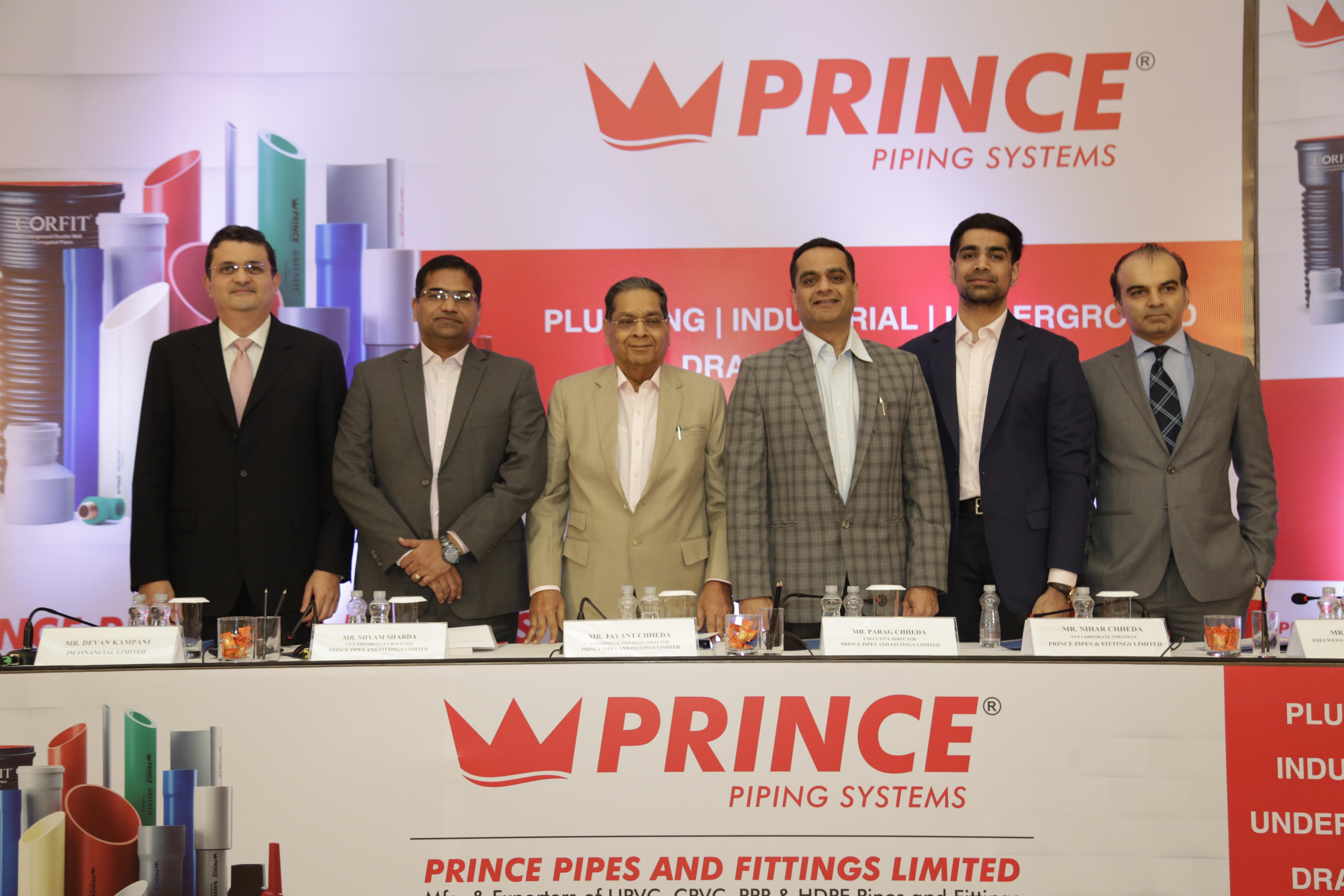 (L-R): Mr. Devan Kampani, JM Financial Ltd., Mr. Shyam Sharda, VP & Group CFO, Prince Pipes And Fittings Ltd., Mr. Jayant Chheda, Chairman & MD, Prince Pipes And Fittings Ltd., Mr. Parag Chheda, Executive Director, Prince Pipes And Fittings Ltd., Mr. Nihar Chheda, AVP Corporate Strategy, Prince Pipes And Fittings Ltd. and Mr. Satyen Shah, Edelweiss Financial Services Ltd. -Photo By Sachin Murdeshwar GPN