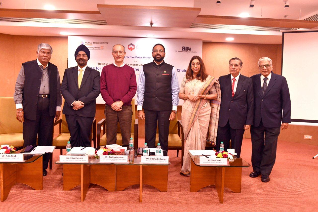 MUMBAI, 03rd January 2020: From (L-R): Mr. Vijay Kalantri, President, All India Association of Industries; Mr. P. D. Singh, Managing Director, J.P. Morgan India; Dr. Aaditya Mattoo, Chief Economist, East Asia and Pacific Region, World Bank; Mr. Siddharth Rastogi, managing Director, Ambit Capital Pvt Ltd; Ms. Rupa Naik, Senior Director, MVIRDC World Trade Center Mumbai; Captain Mr. R. K. Gulati, Member of the Council of Management, MVIRDC World Trade Center Mumbai and Mr. Y. R. Warerkar, Director General, MVIRDC World Trade Center Mumbai at an Interactive Programme on the first-ever release of World Bank's World Development Report 2020: 'Trading for Development in the Age of Global Value Chains' organised by MVIRDC World Trade Center Mumbai and All India Association of Industries in association with Meghnad Desai Academy of Economics, held at World Trade Center Mumbai - Photo By Sachin Murdeshwar GPN