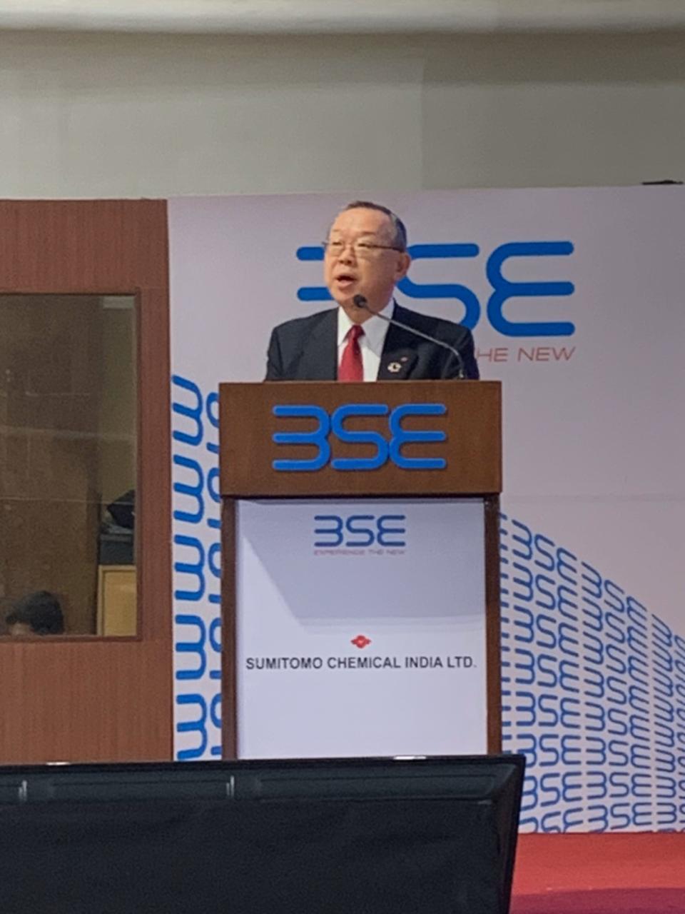 Mr. Ray Nishimoto, Representative Director & Executive Vice President, Sumitomo Chemical Japan while addressing the gathering at the listing ceremony of Sumitomo Chemical India Ltd held today in Mumbai at BSE.  