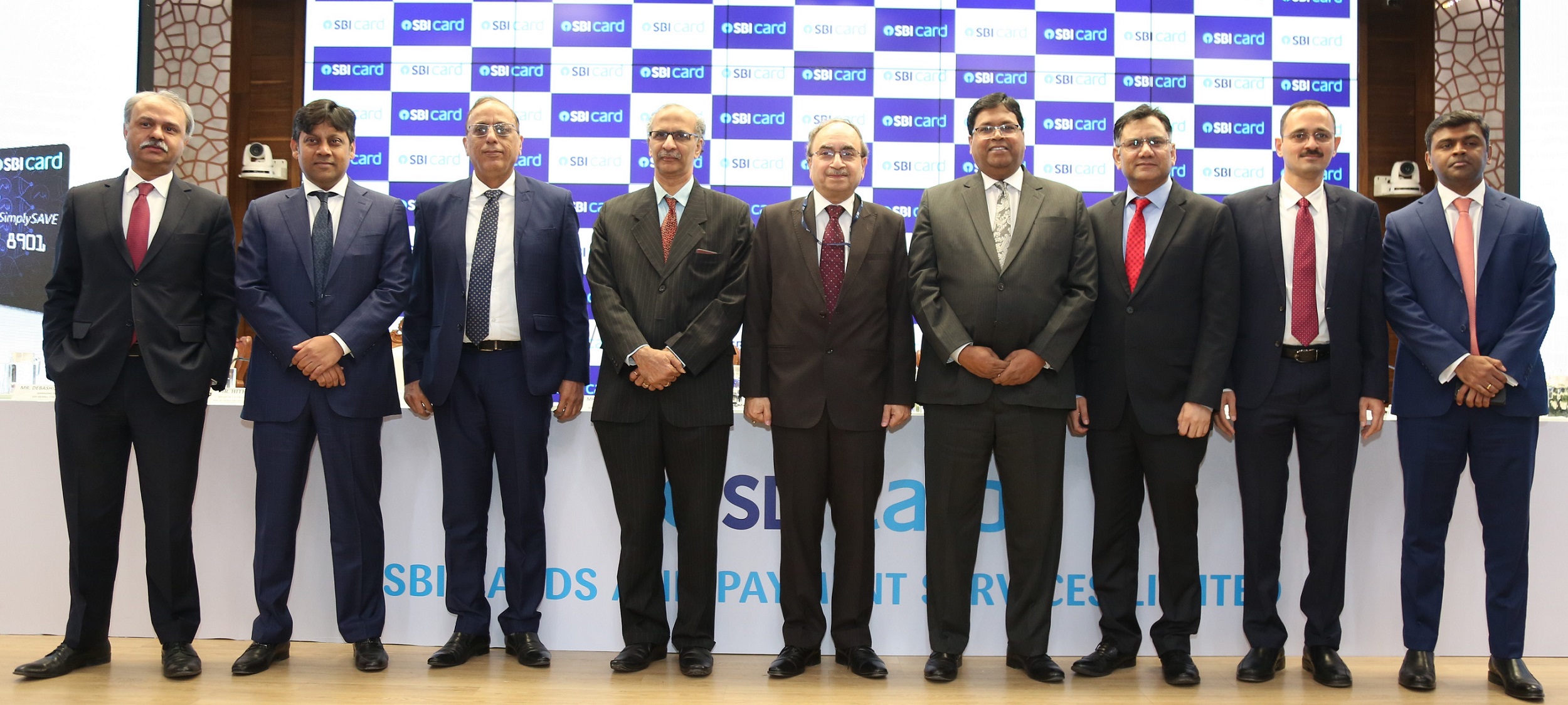 (L-R): Mr. Hitendra Dave (Head of Global Banking & Markets, HSBC Securities and Capital Markets (India) Private Limited), Mr. Debashish Purohit, Managing Director, DSP Merrill Lynch Limited, Mr. Arun Mehta (Managing Director, SBI Capital Markets Limited), Mr. Ramesh Srinivasan (Kotak Mahindra Capital Company Limited), Mr. Dinesh Khara (Managing Director (Global Banking & Subsidiaries), State Bank of India), Mr. Hardayal Prasad (Managing Director & CEO, SBI Cards & Payment Services Limited), Mr. Nalin Negi (Chief Financial Officer, SBI Cards & Payment Services Limited), Mr. Salil Pitale (Joint Managing Director & Co-CEO, Axis Capital Limited) and Mr. Mangesh Ghogre (Executive Director & Head (ECM), Nomura Financial Advisory and Securities (India) Private Limited) were present at the announcement of the SBI Cards & Payment Services Limited IPO.