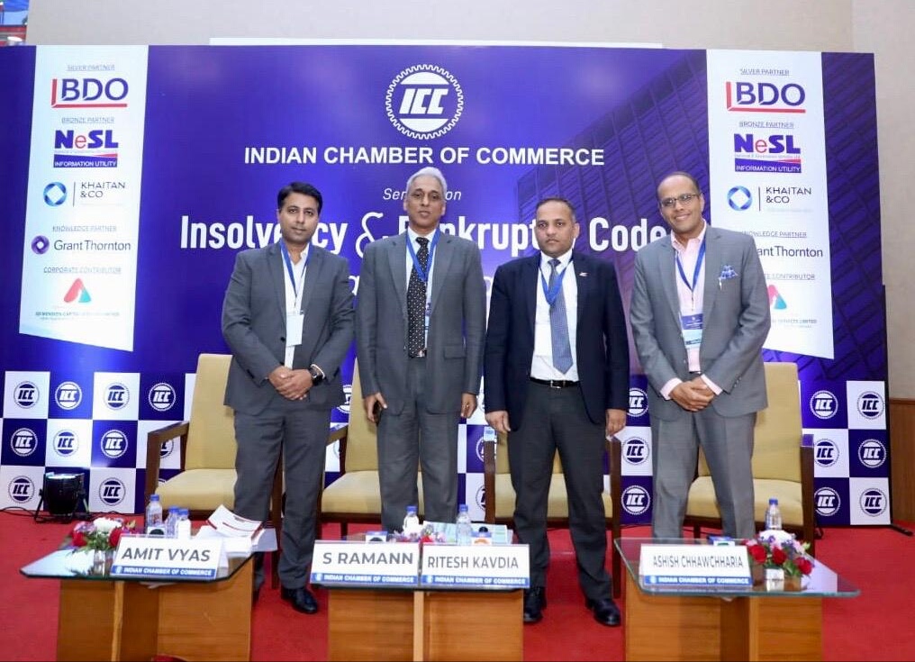 L-R Mr. Amit Vyas, Founder partner, Vertices Partners, Mr. S Ramann, Managing Director & Chief Executive Officer, National E-governance Services Limited (NeSL), Mr. Ritesh Kavdia, executive director, Insolvency and Bankruptcy Board of India (IBBI), Mr. Ashish Chhawchharia, Partner & Head - Restructuring services, Grant Thornton & Chairman, ICC Stressed Asset Resolution Committee inaugurated Indian Chamber of Commerce (ICC) Insolvency & Bankruptcy Code: Way Forward Seminar in Mumbai on Wednesday 12th February, 2020