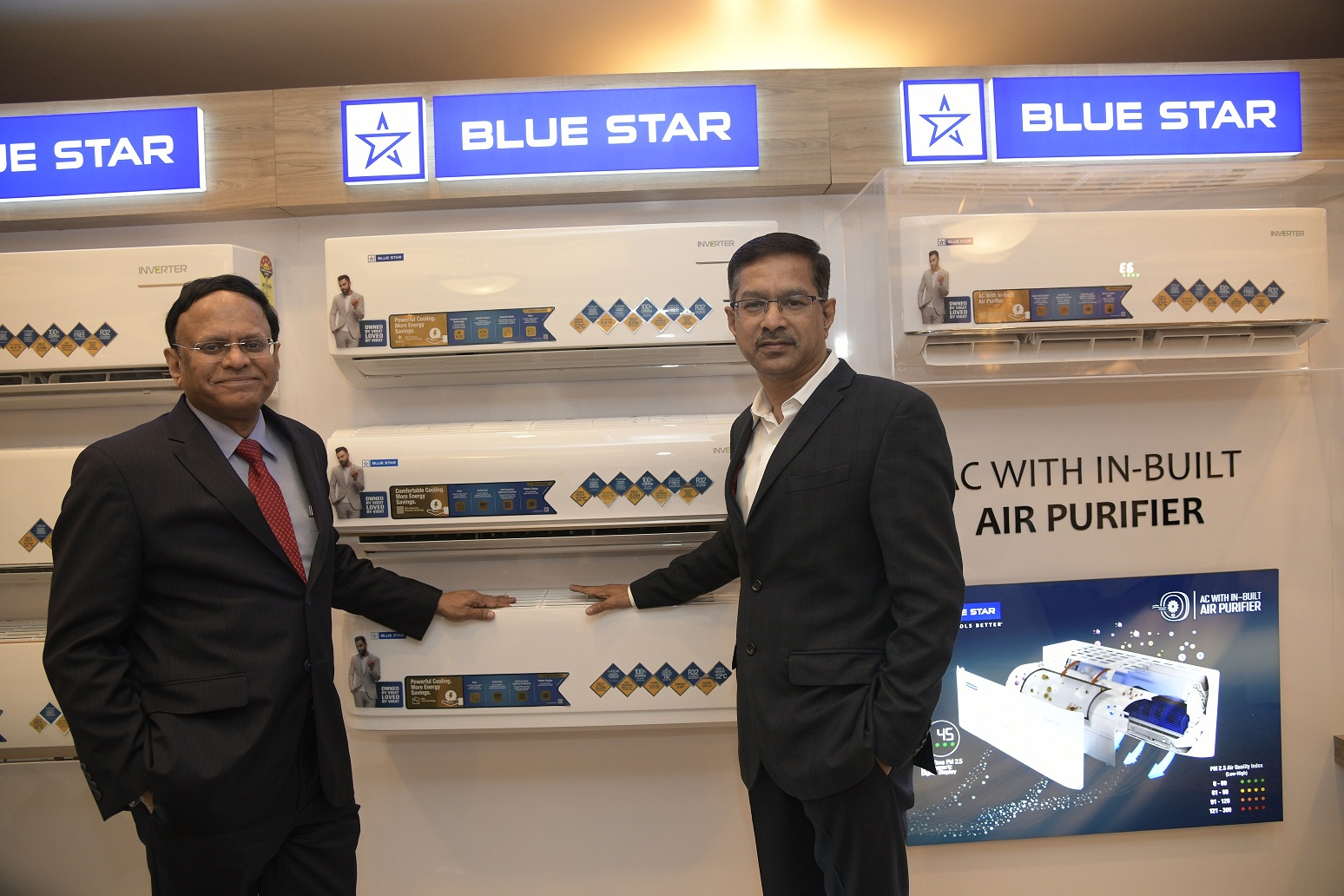 B. Thiagarajan, Managing Director, Blue Star Ltd. (left)  and C. Haridas, Vice President, Sales & Marketing, Room Air Conditioners Division,  Blue Star Ltd. in front of the display at the venue of the company’s press conference in Mumbai to announce the launch of Blue Star’s ‘premium-yet-affordable’ air conditioners.