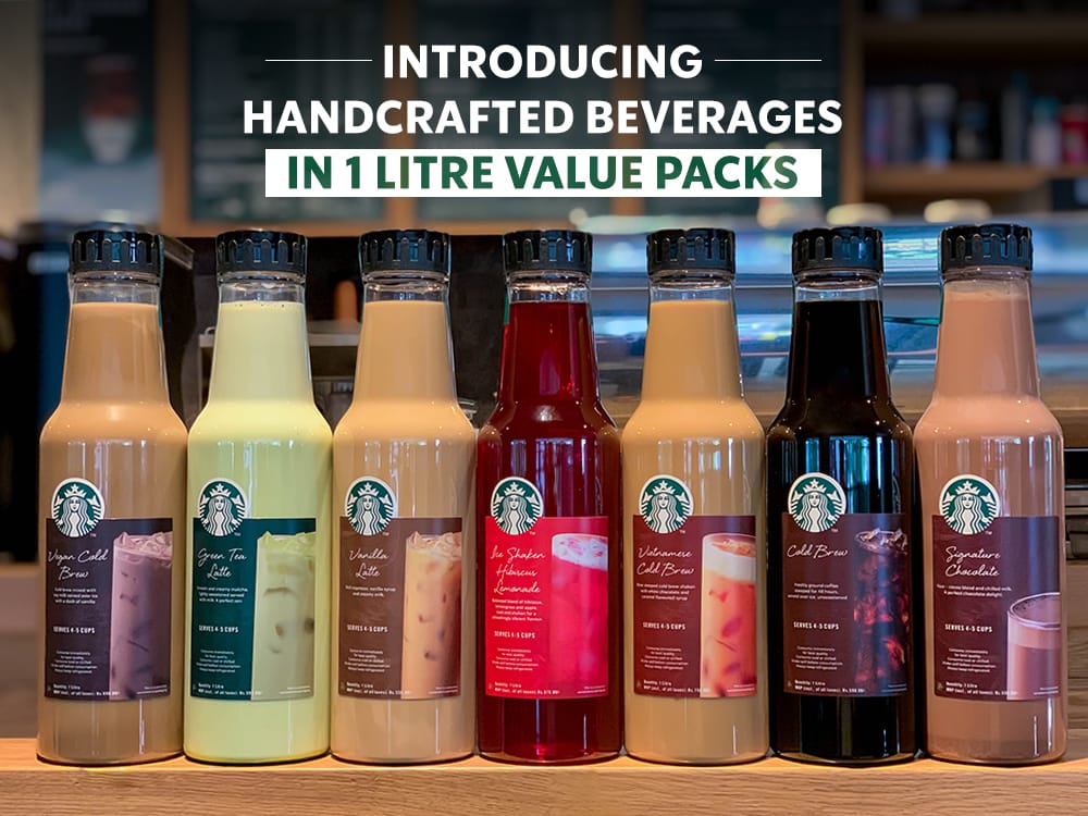 Tata Starbucks Cold Beverages Variants : Green Tea Latte, Ice Shaken Hibiscus and Lemonade, Cold Brew Black, Vanilla Sweet Cream Cold Brew, Vanilla Latte, Signature Hot Chocolate and Vegan Cold Brew. 1Litre bottle start from INR 550. -Photo By GPN