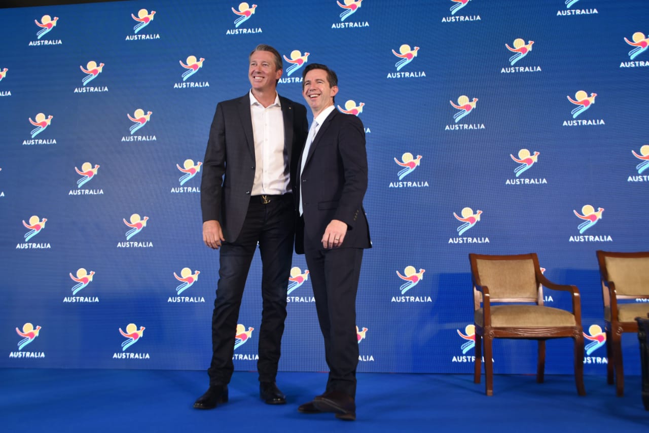 Glenn McGrath with Senator Hon. Simon Birmingham, Australian Minister for Trade, Tourism and Investment, at a Tourism Australia event on Wednesday in Mumbai