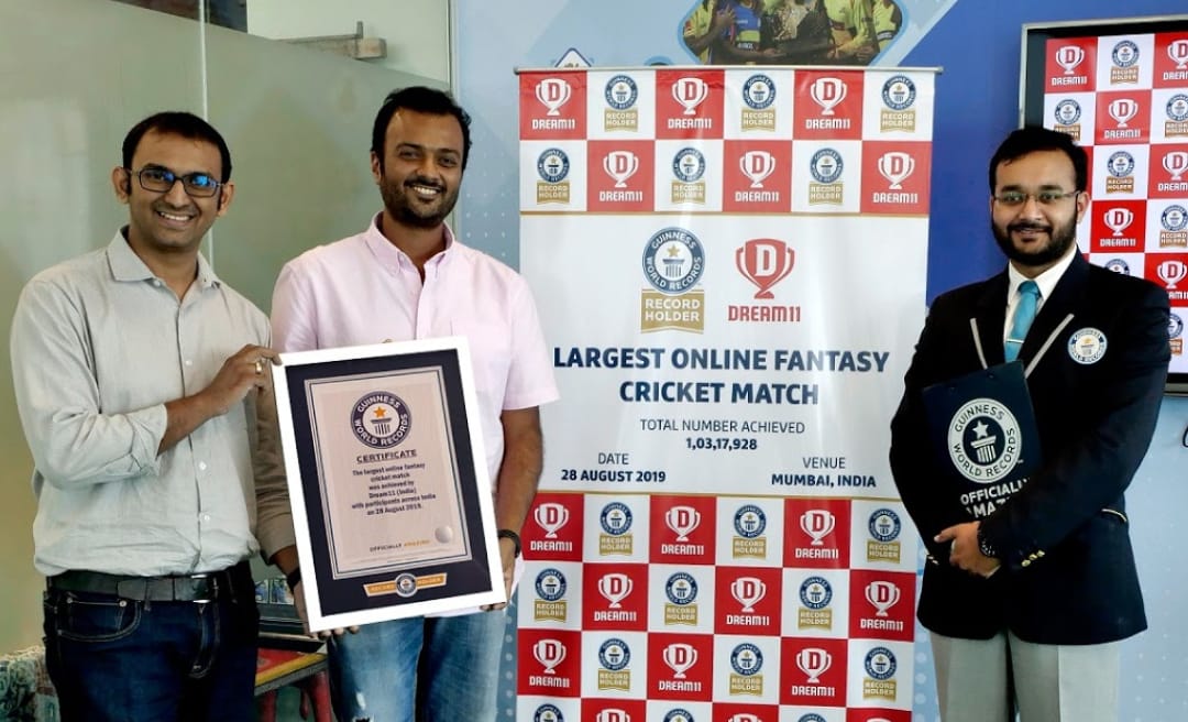 L-R Bhavit Sheth - COO & Co-Founder - Dream11, Harsh Jain - CEO & Co-Founder Dream11 and on extreme right Swapnil Dangarikar, Adjudicator, Guinness World Records - File Photo GPN (29/8/2019) Same day Last Year