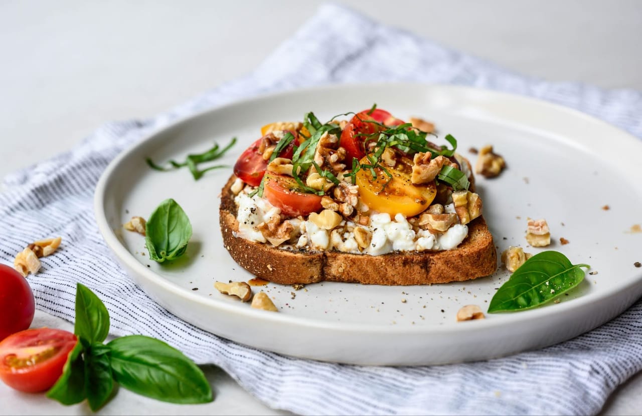 Cottage Cheese-Walnut Caprese Toast
