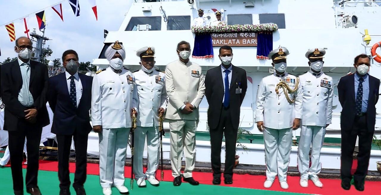 The Fast Patrol Vessel (FPV), ICGS Kanaklata Barua was commissioned at GRSE FOJ Unit through video conferencing mode by Shri Jiwesh Nandan, IAS, Additional Secretary, MoD. Senior dignitaries including Rear Admiral VK Saxena, IN(Retd), Chairman & Managing Director, GRSE, Cmde. Sanjeev Nayyar, IN (Retd), Director (Shipbuilding), Cmde. P R Hari, IN (Retd), Director (Personnel), Shri. R.K Dash, Director (Finance) and other senior officials of the Indian Coast Guard and GRSE attended the ceremony.