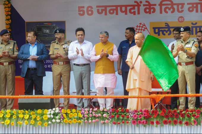 Uttar Pradesh Chief Minister Yogi Adityanath flags off Modern Prison Van for 56 districts under Police Modernization Scheme, at his official residence in Lucknow, Sunday, Sept. 18, 2022.