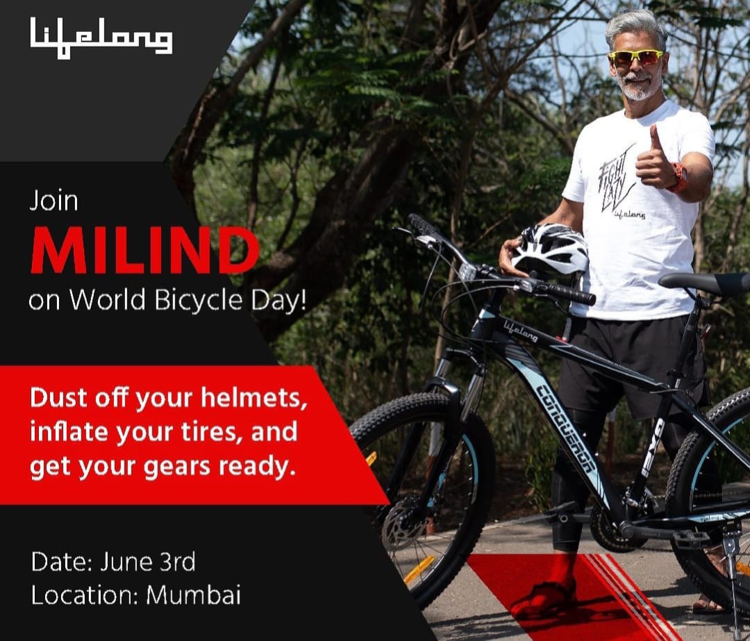 Milind Soman, Indias Fitness Icon embarks on the cycle ride organized by Lifelong Online to celebrate World Bicycle Day with the presence of more than 250 participants and cyclists in this initiative 